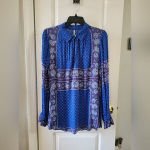 Free People Changing Time True Blue Floral Long Sleeve Flowy Tunic Top Small